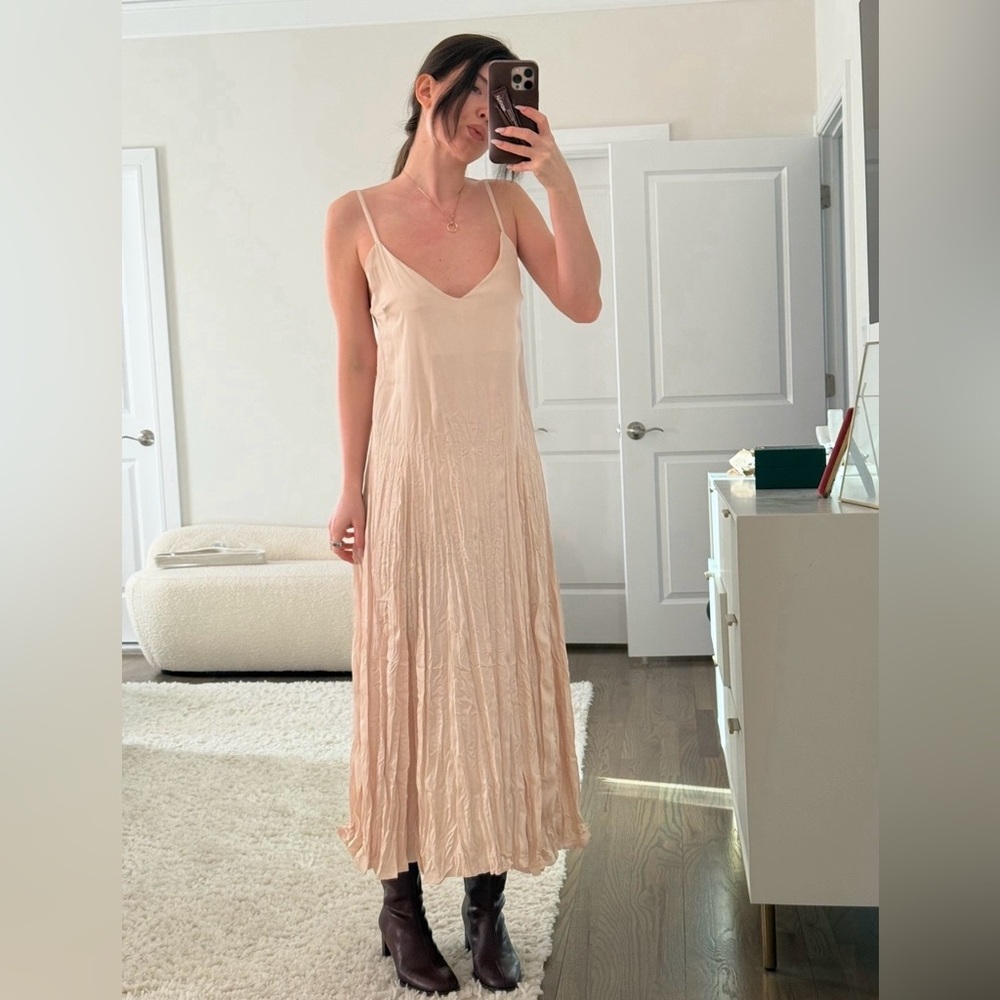 Zara Cream Slip Maxi Dress with Pleated Skirt NWOT